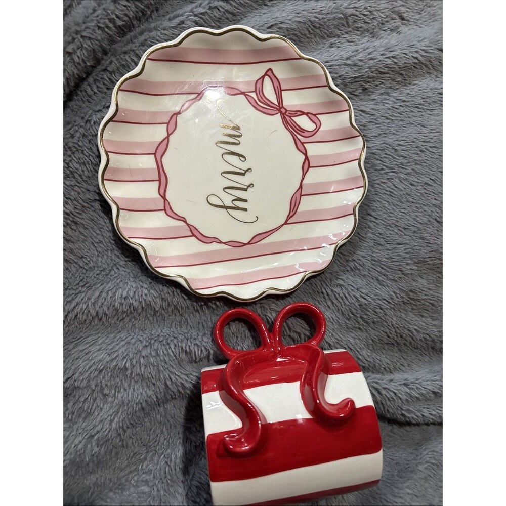 Ashland Merry Christmas Holiday Decorative Plate Ceramic Pink White Res Bow Mug